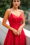 Rød beaded lang prom kjole