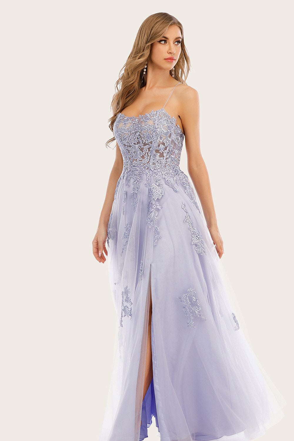 Lavendel Tulle Lang Prom Kjole med blonder