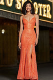 Glitrende havfrue Spaghetti stropper Orange pailletter Gallakkjole med delt front