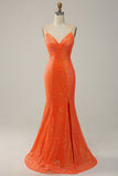 Havfrue Spaghetti Stropper Orange Pailletter Gallakjole med delt front