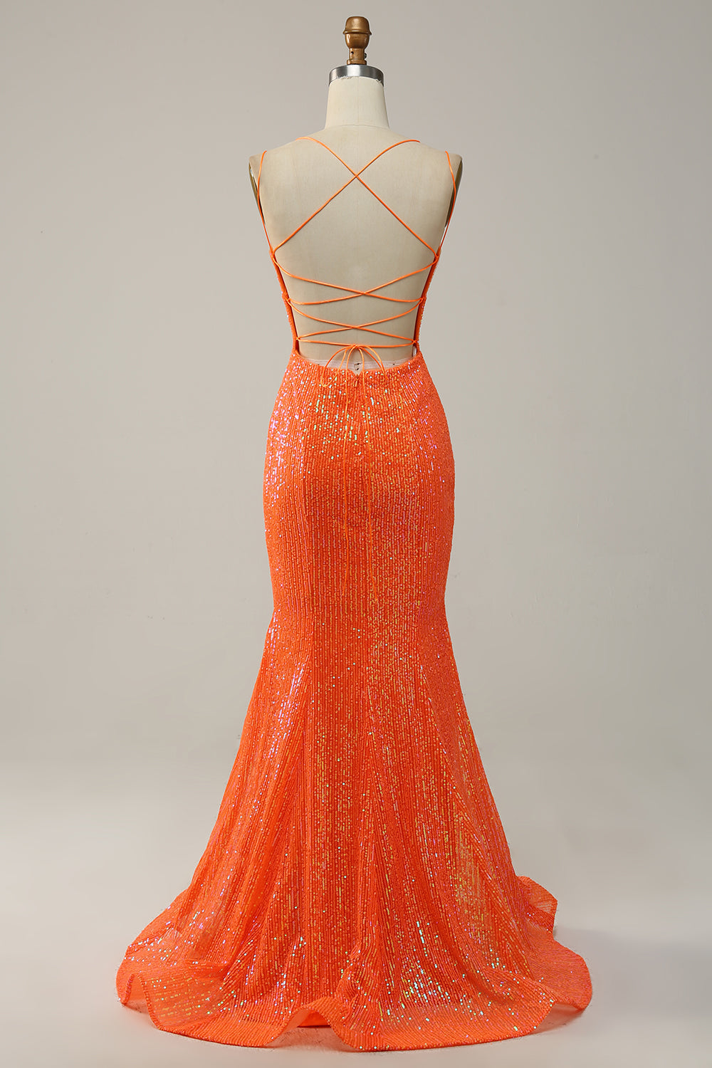 Havfrue Spaghetti Stropper Orange Pailletter Gallakjole med delt front