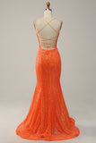 Havfrue Spaghetti Stropper Orange Pailletter Gallakjole med delt front