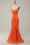 Havfrue Spaghetti Stropper Orange Pailletter Gallakjole med delt front