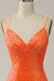 Havfrue Spaghetti Stropper Orange Pailletter Gallakjole med delt front