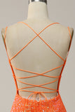 Havfrue Spaghetti Stropper Orange Pailletter Gallakjole med delt front