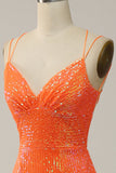 Havfrue Spaghetti Stropper Orange Pailletter Gallakjole med delt front