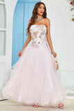 Stropløs A Line Pink Tulle Prom Kjole med applikationer