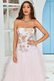 Stropløs A Line Pink Tulle Prom Kjole med applikationer
