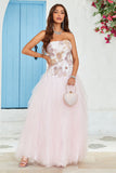 Stropløs A Line Pink Tulle Prom Kjole med applikationer