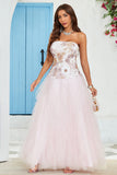 Stropløs A Line Pink Tulle Prom Kjole med applikationer