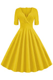 Grøn V-hals Korte ærmer 1950'erne Swing Dress