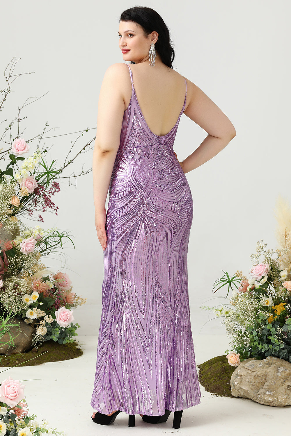 Skede Spaghetti Stropper Lys lilla Pailletter Plus Size Gallakjole