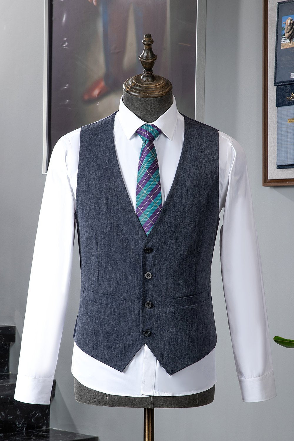 Grå blå hakket revers klassisk 3-delt herredragt