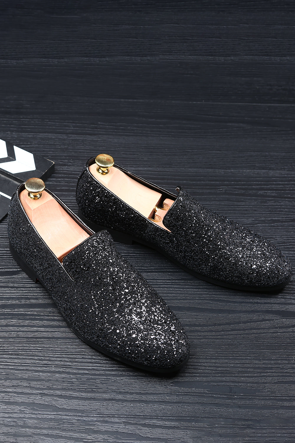 Sorte pailletterede slip-on herresko