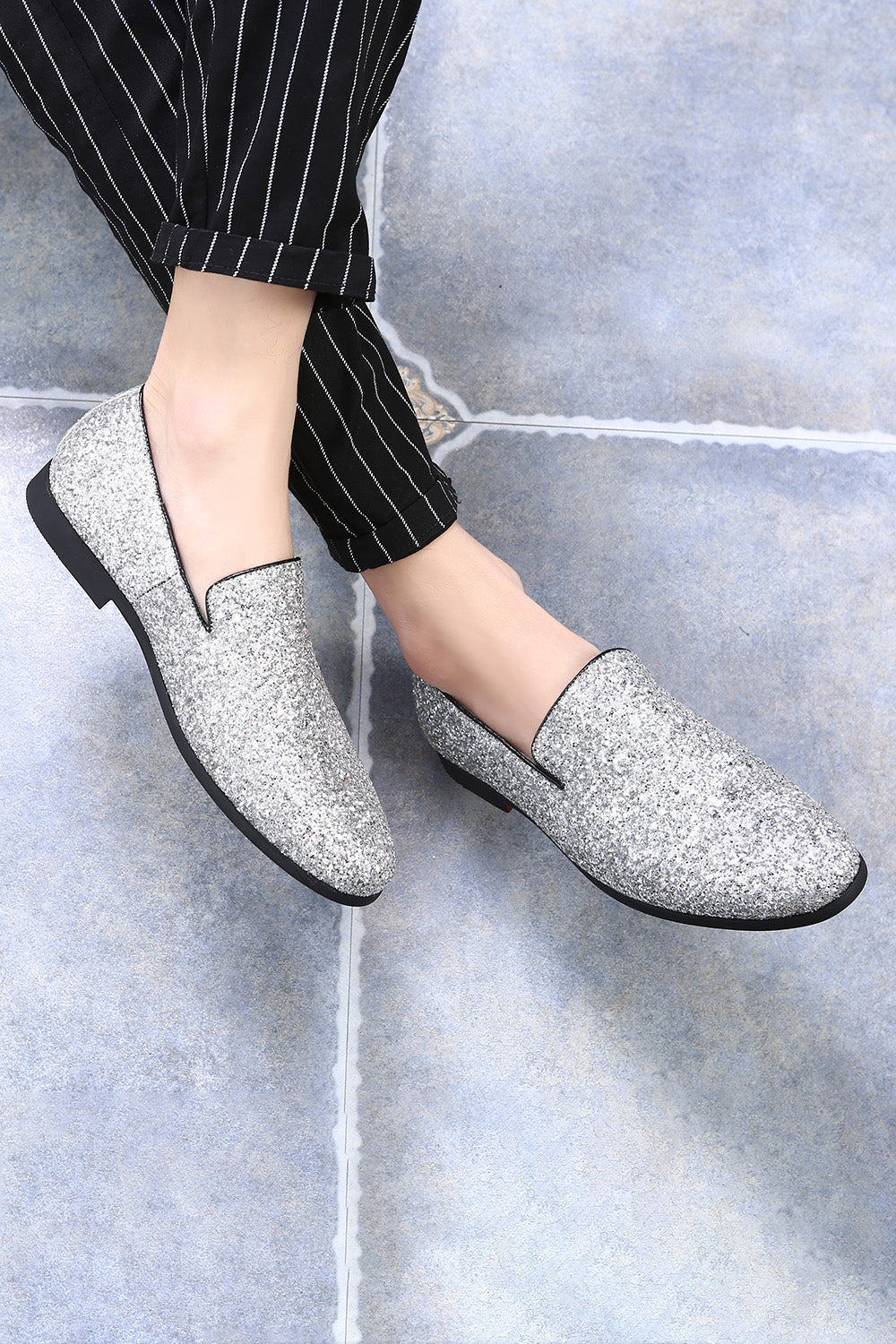 Sorte pailletterede slip-on herresko