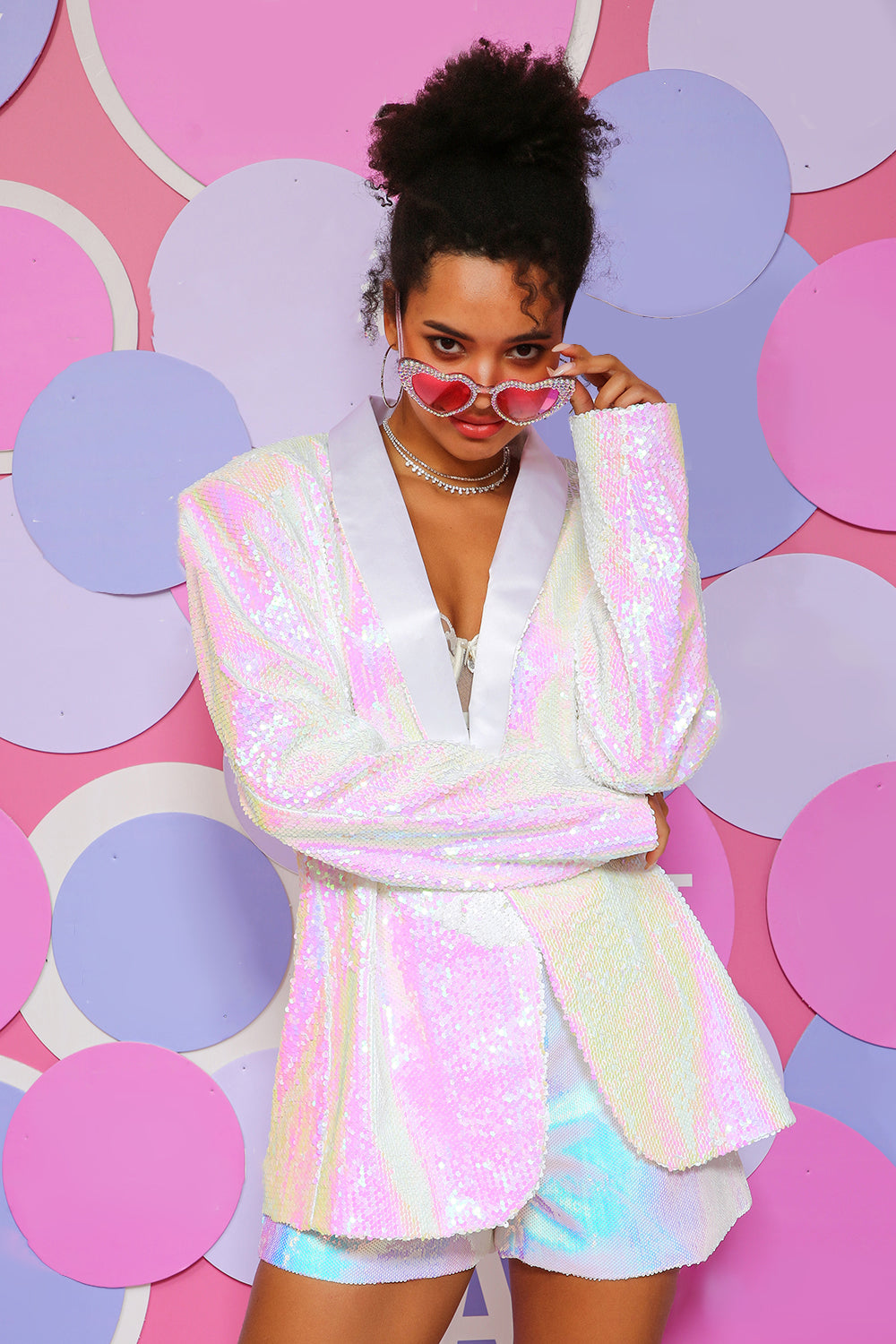 Hvide pailletter en knap blazer til kvinder