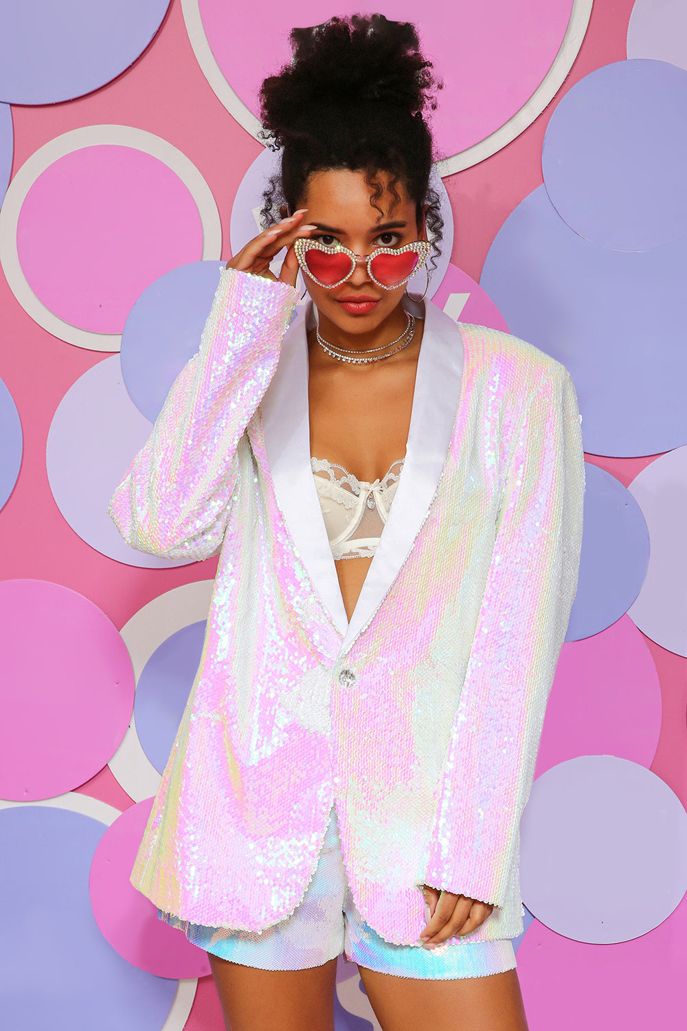 Hvide pailletter en knap blazer til kvinder