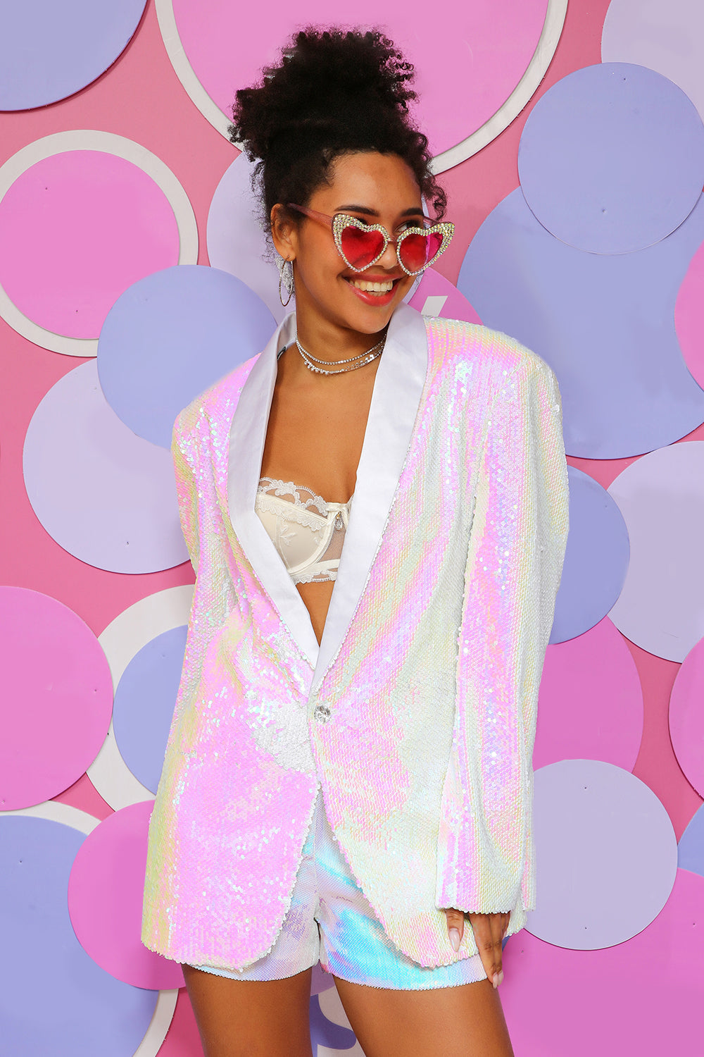 Hvide pailletter en knap blazer til kvinder