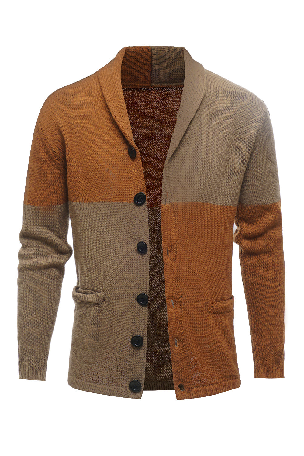 Brunt patchwork sjal krave lange ærmer mænds cardigan sweater