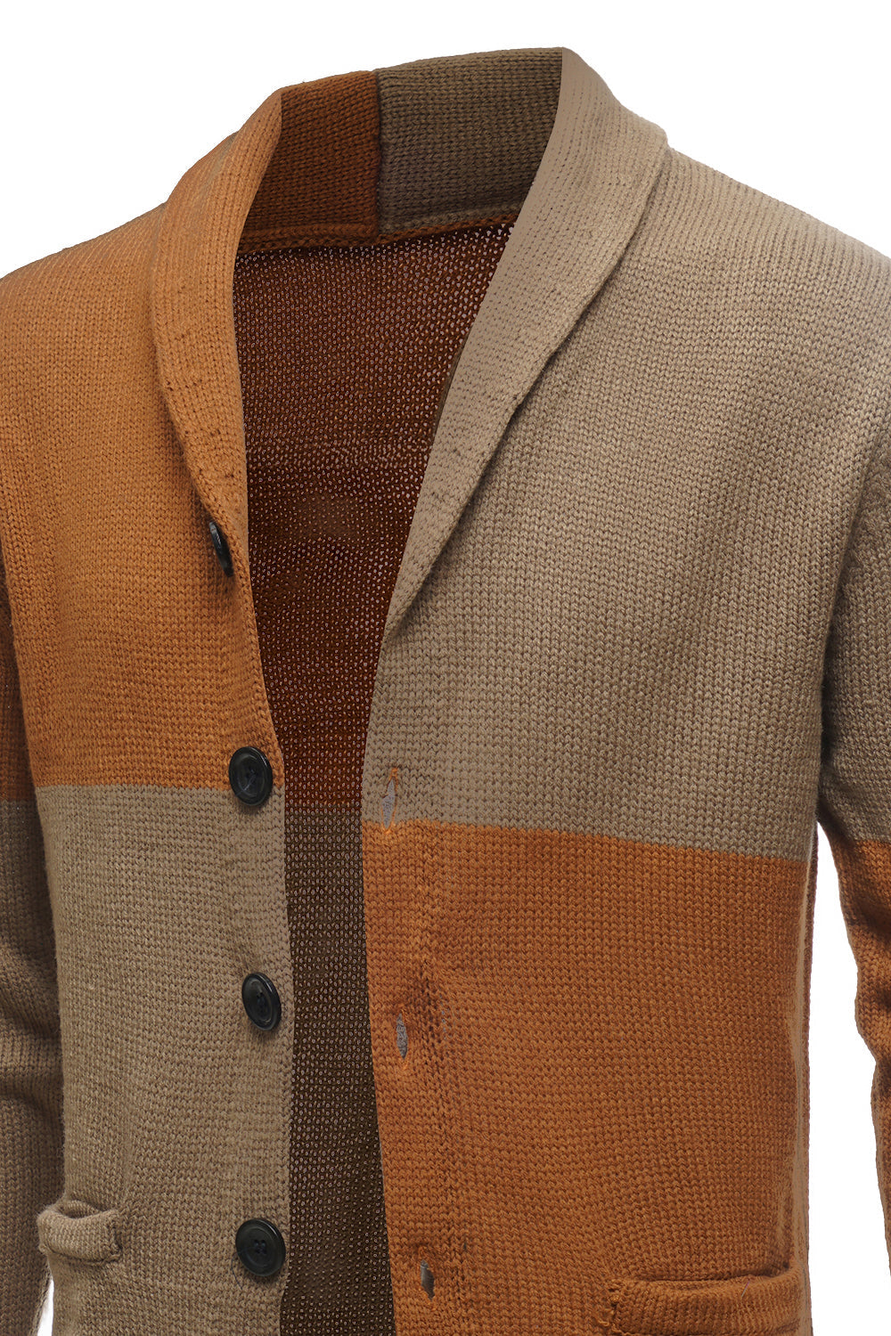 Brunt patchwork sjal krave lange ærmer mænds cardigan sweater