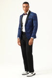 One Button Blue Shawl Lapel Jacquard Mænds Prom Blazer