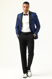 One Button Blue Shawl Lapel Jacquard Mænds Prom Blazer