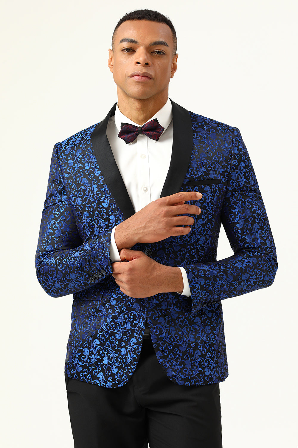 One Button Blue Shawl Lapel Jacquard Mænds Prom Blazer