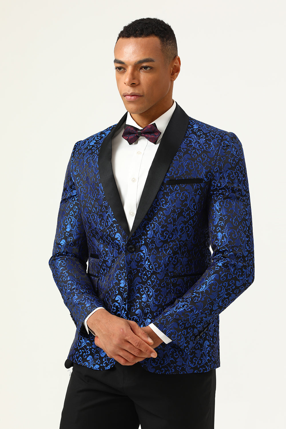 One Button Blue Shawl Lapel Jacquard Mænds Prom Blazer