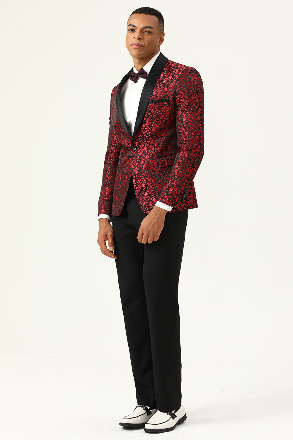 En knap Rødt Sjal Revers Jacquard Mænds Prom Blazer