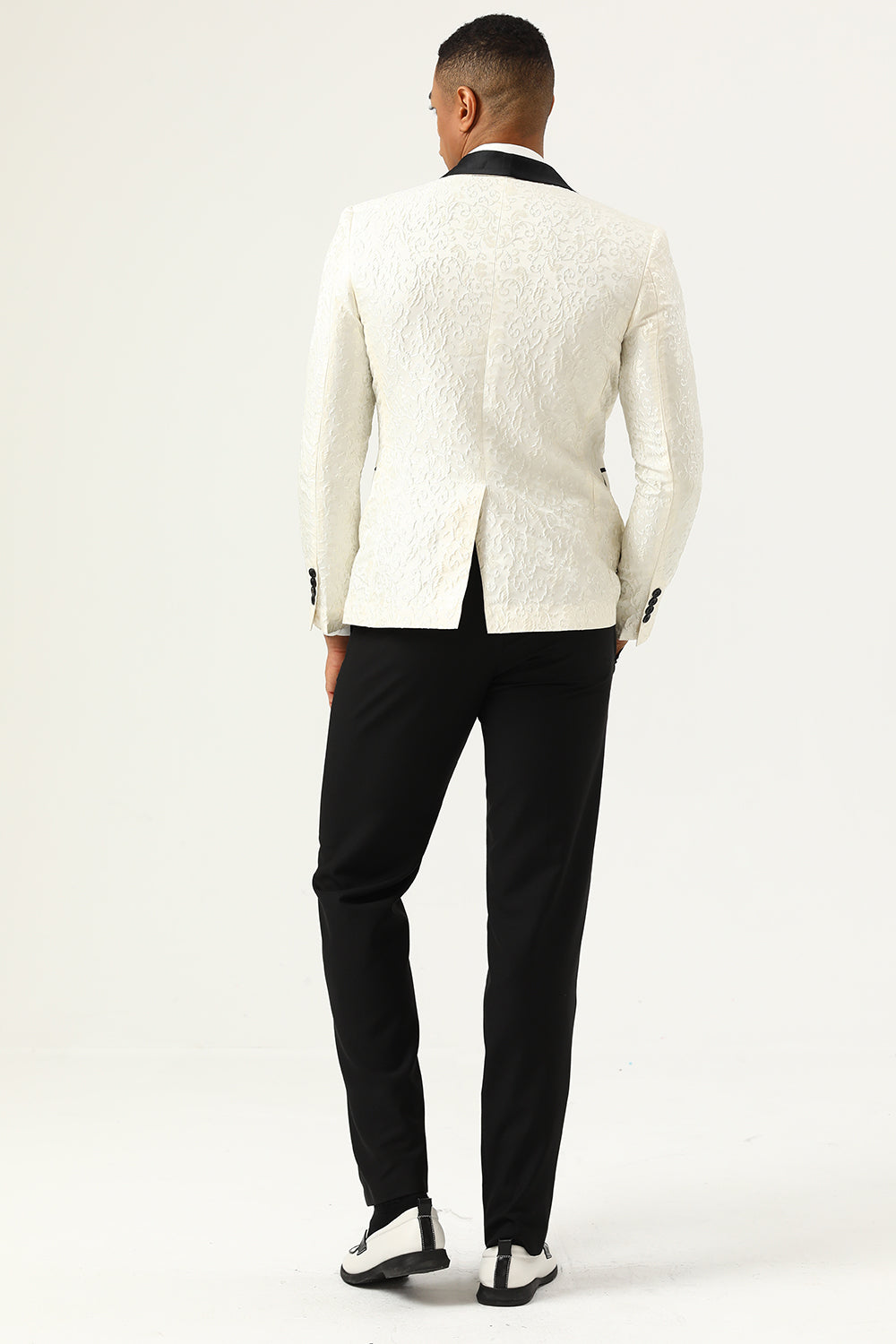 En knap Hvidt Sjal Revers Jacquard Mænds Prom Blazer