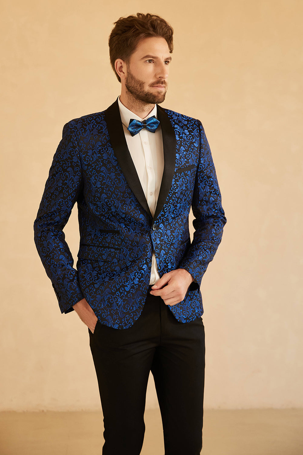 Blå Sjal Revers Jacquard En knap Mænds Prom Blazer