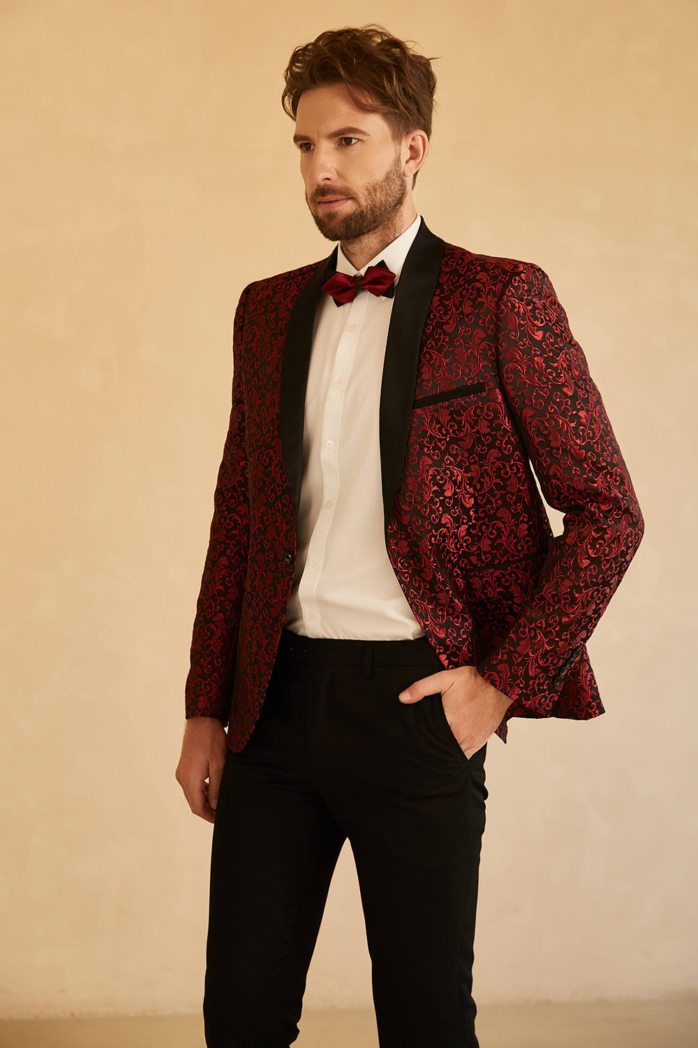 Hvid Sjal Revers Jacquard En knap Mænds Prom Blazer