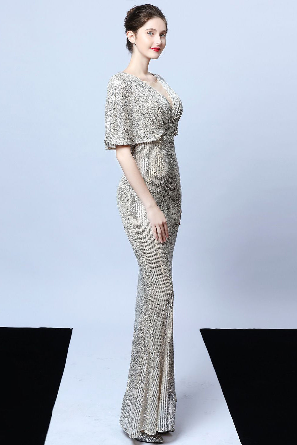 Havfrue V Hals Mørkegrønne Pailletter Lang gallakjole med korte ærmer