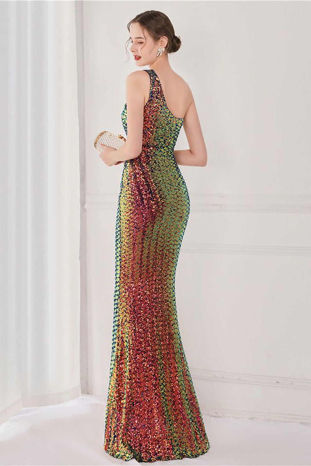 Farverig One Shoulder Sequined Havfrue Aftenkjole