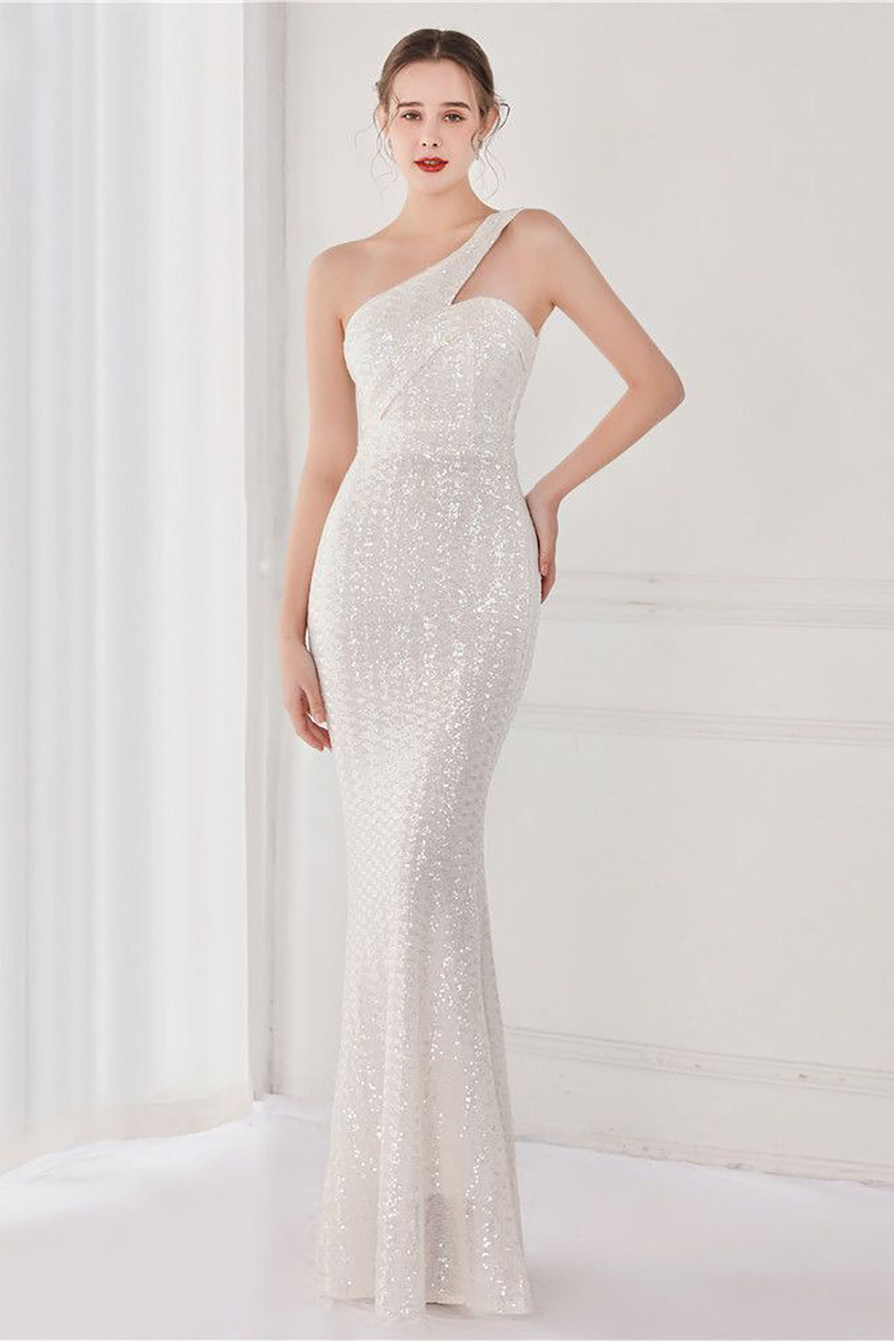 Farverig One Shoulder Sequined Havfrue Aftenkjole