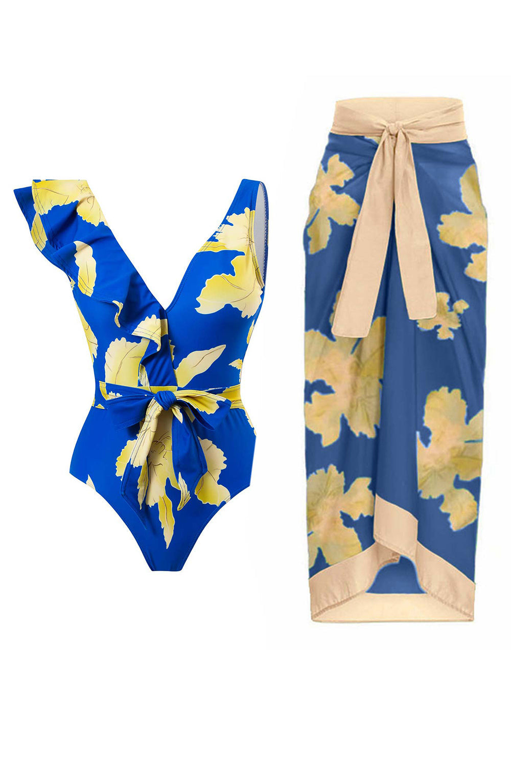 Todelt trykt grønt bikinisæt med strandnederdel