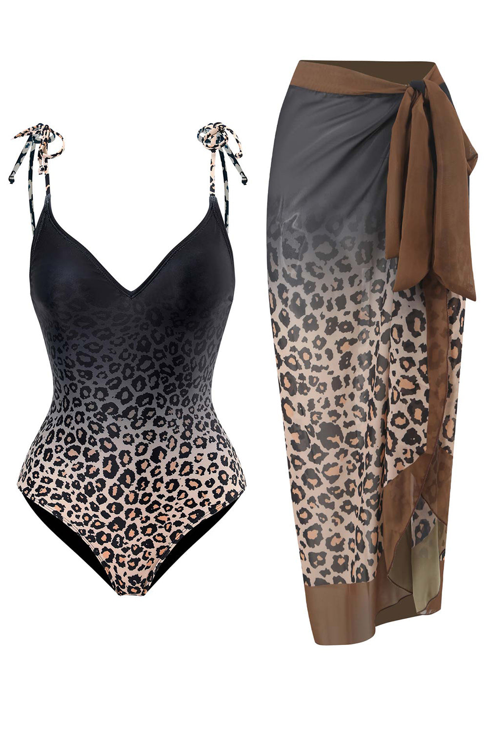 Brun badedragt i ét stykke med strandnederdel