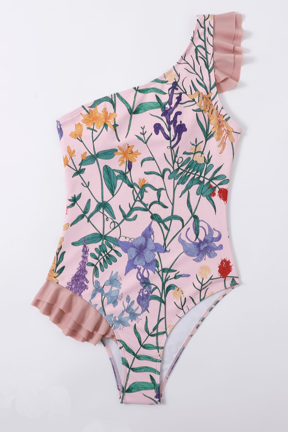 En skulder Pink ruffled et stykke badetøj