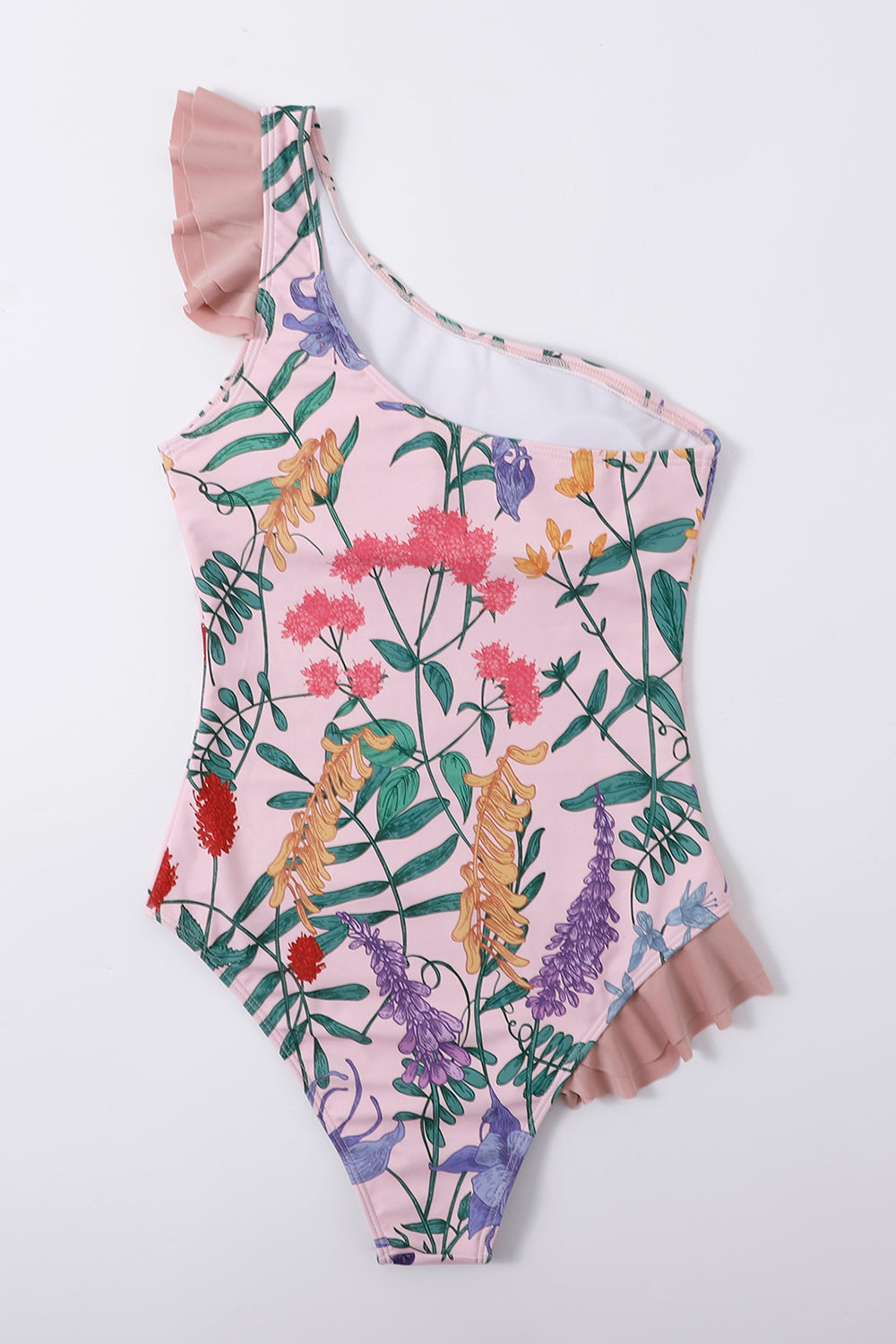 En skulder Pink ruffled et stykke badetøj
