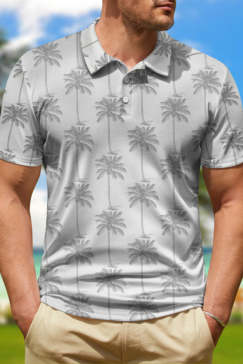 Klassisk poloshirt med gråt tryk til mænd med korte ærmer