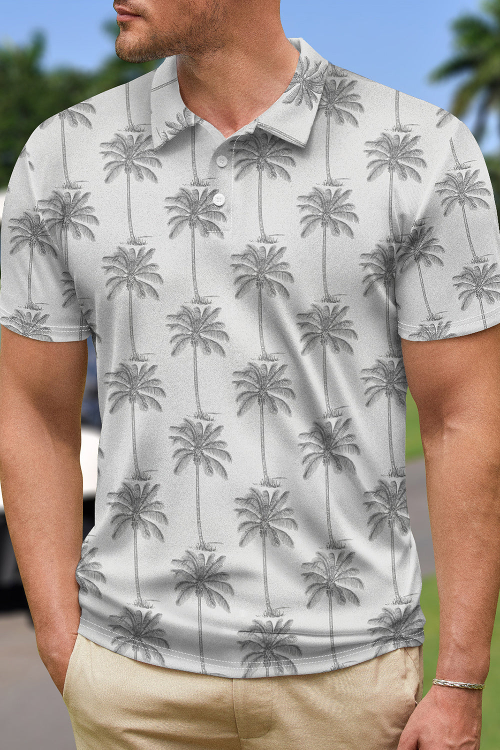 Klassisk poloshirt med gråt tryk til mænd med korte ærmer