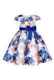 Blå blomstret pigekjole med bowknot