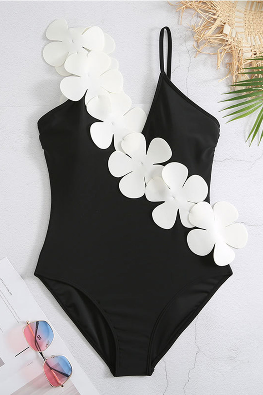 One Piece High Waist Sort Badetøj med Blomst