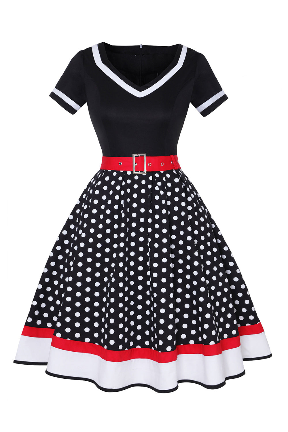 Sort Polka Dots med V-hals Kjole fra 1950'erne