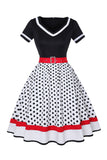 Sort Polka Dots med V-hals Kjole fra 1950'erne
