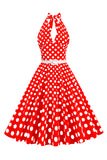 Hepburn stil halter hals polka prikker rød 1950'erne kjole