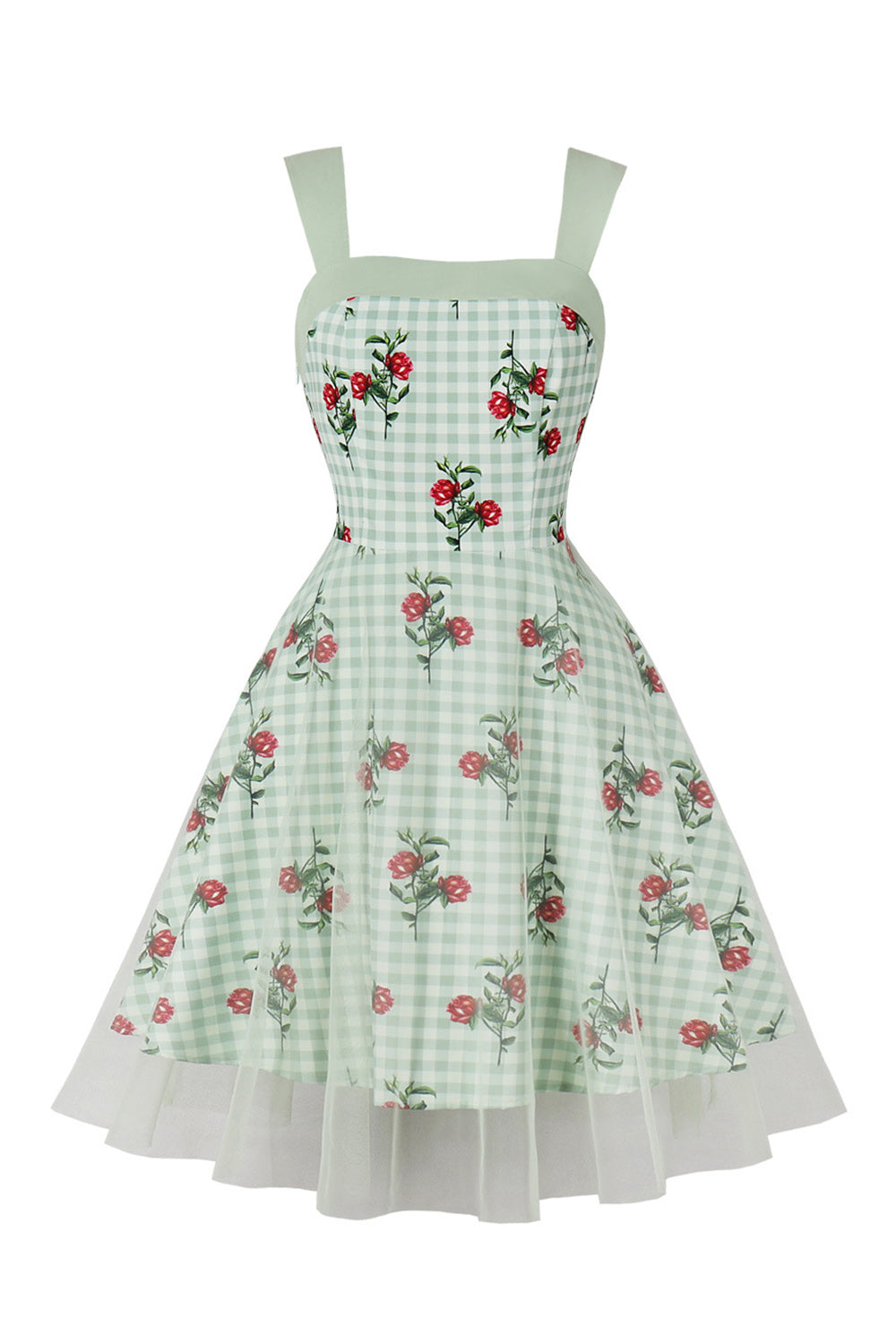 Green Plaid Swing 1950'erne kjole med blomsterprint