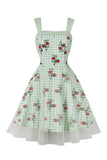 Green Plaid Swing 1950'erne kjole med blomsterprint