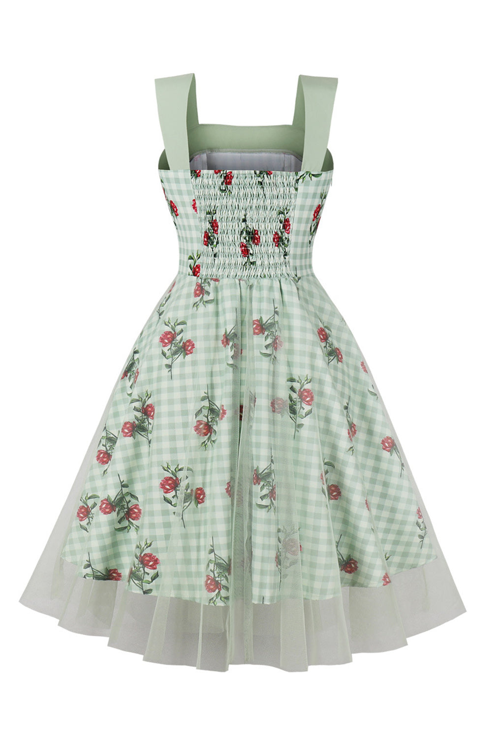 Green Plaid Swing 1950'erne kjole med blomsterprint