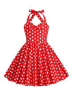 Halter Red Vintage Polka Dot 50'er pigekjole med sløjfe